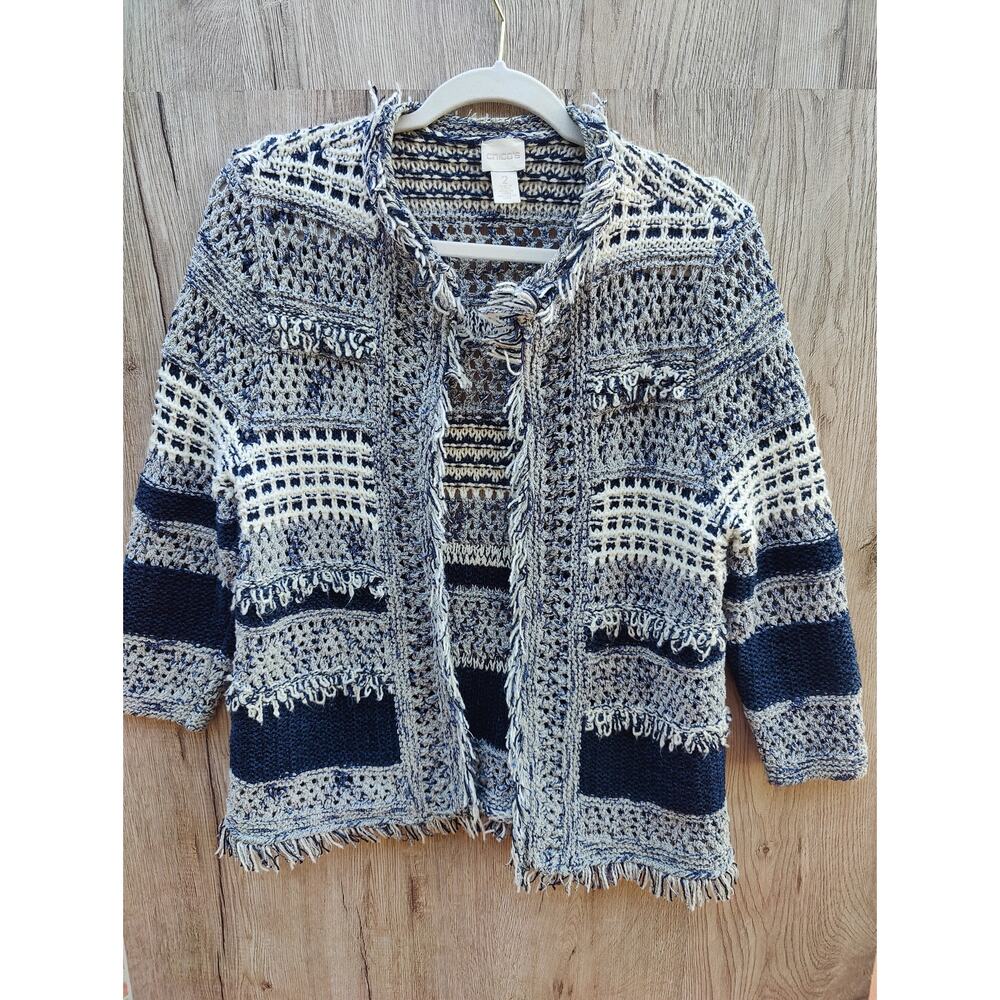 Chico's Knit Fringe Open Front Cardigan Jacket BoHo Artisan Nautical  SZ S.M‎